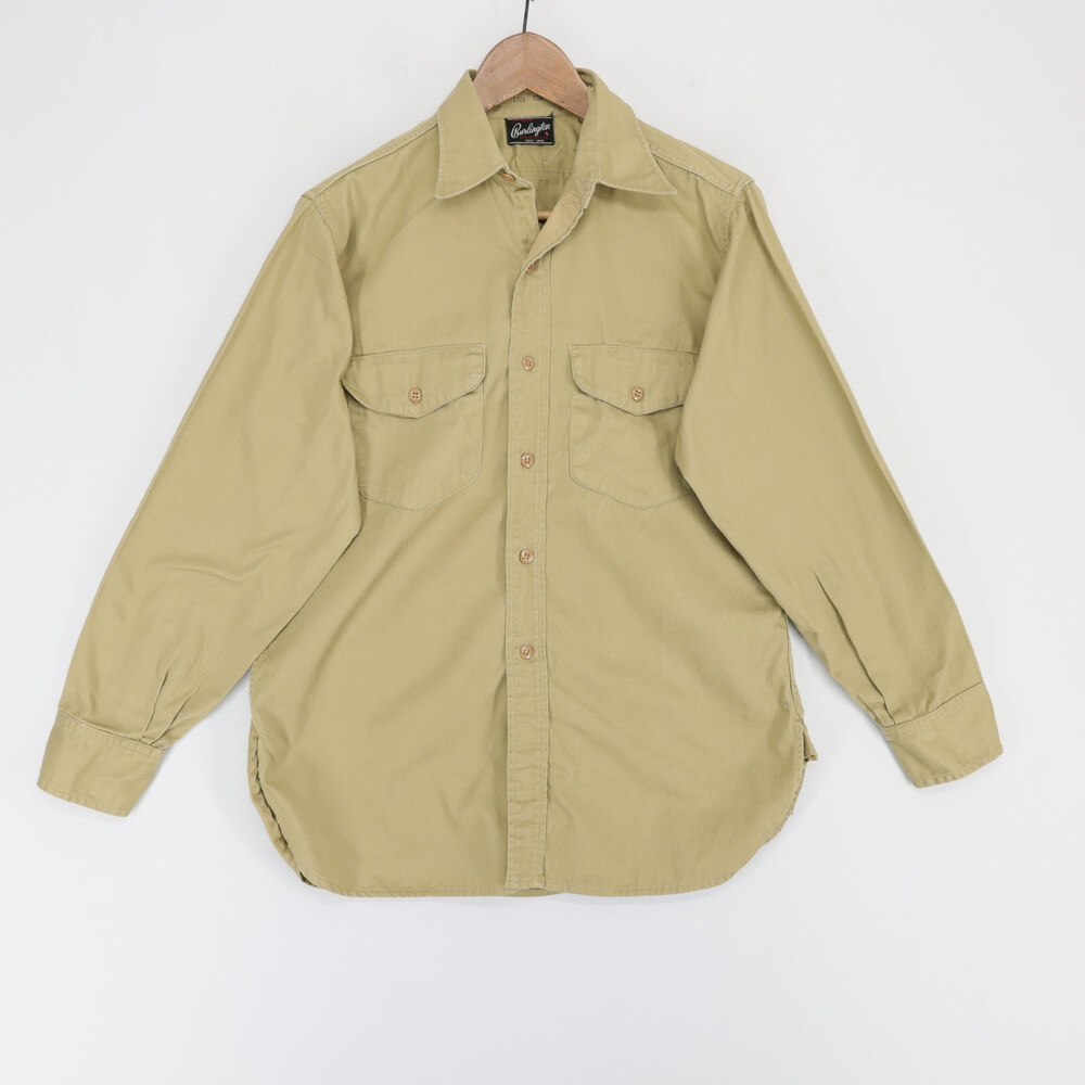 Vintage Burlington Work Shirt Mens S 15M Khaki Union Made Cotton Twill Button Up